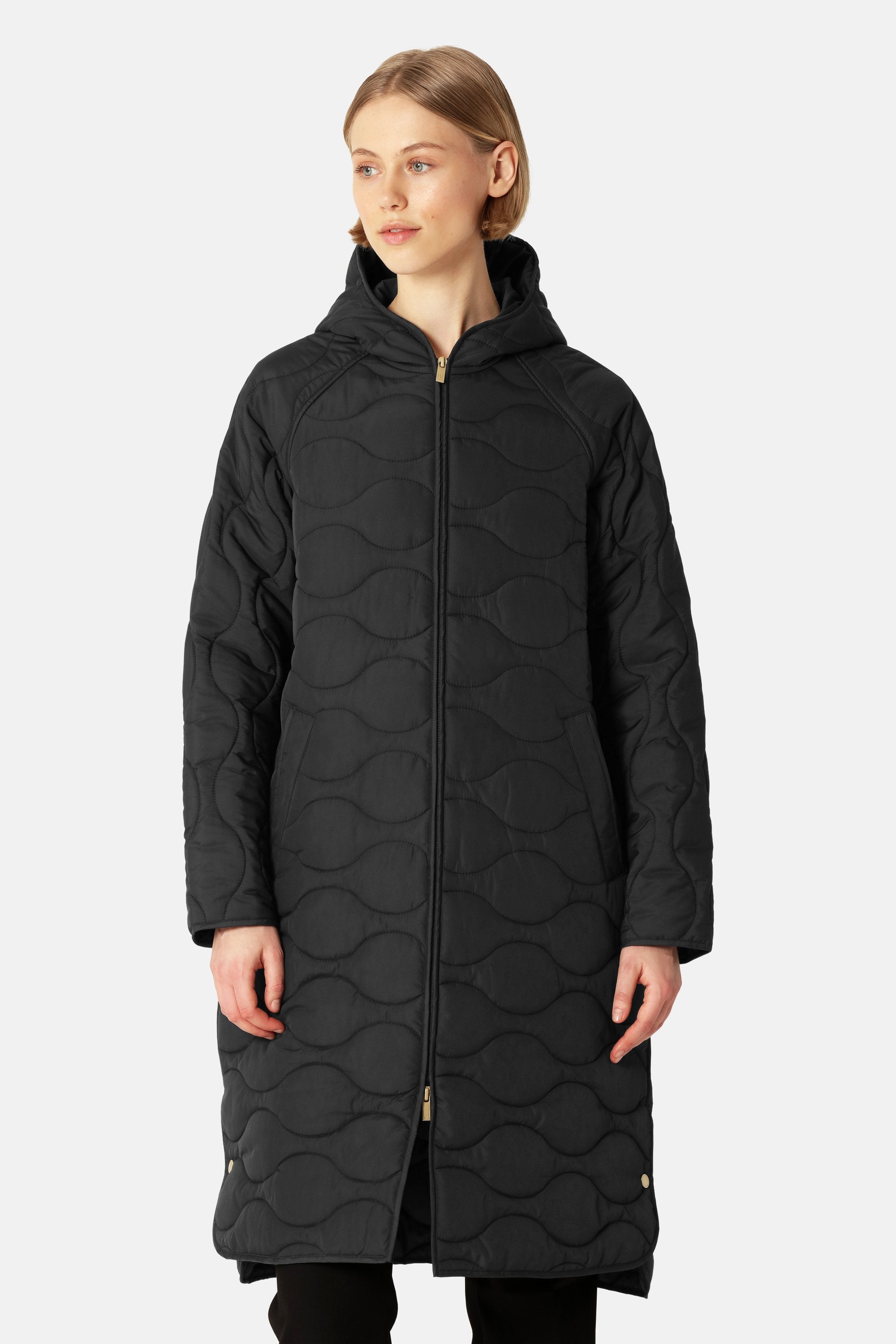 Long Quilt Jacket with Hood - Black